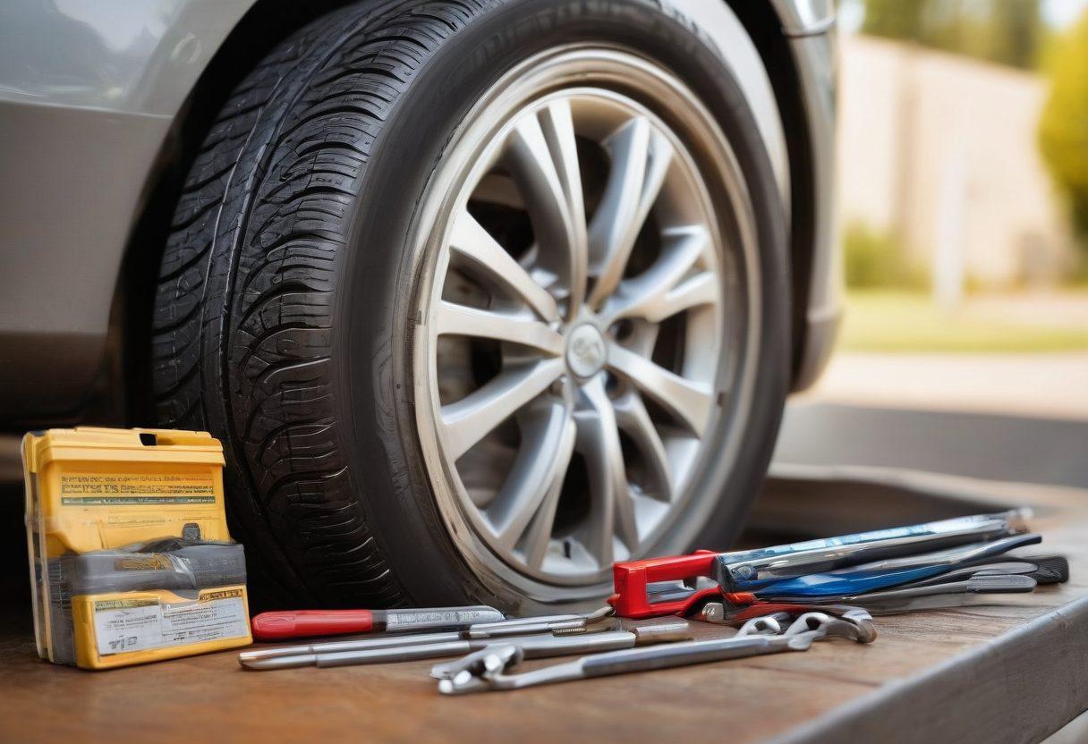 A close-up of a well-maintained tire with clear tread patterns, next to a tire gauge and a selection of tire tools on a workshop bench. The background showcases a sunny day with a blurred road, symbolizing safety and travel. Include visual tips like checklist icons for maintenance and a shield emblem indicating durability. vibrant colors. super-realistic.
