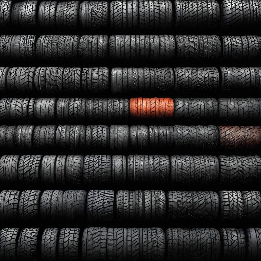 A visually informative collage featuring various types of tires, including all-season, off-road, and performance tires, each labeled clearly. Include a road as a background merging from a city street to a rugged terrain, representing different driving environments. Incorporate a tire tread pattern seamlessly blending into the design. The overall look should be engaging and educational, appealing to both casual buyers and enthusiasts. vibrant colors. vector art.