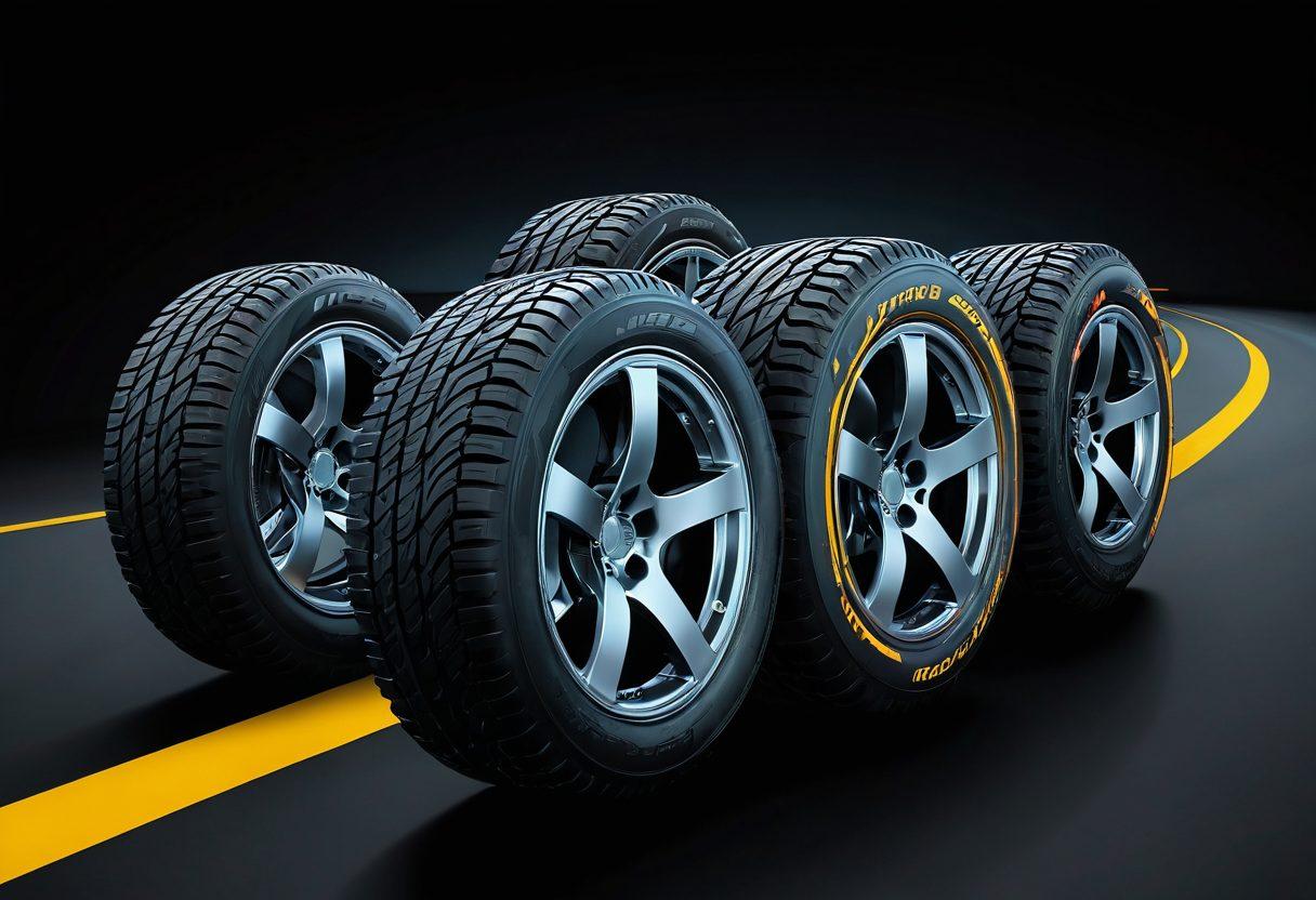 An artistic representation of various tire types displayed prominently, showcasing their unique tread patterns and designs, set against a dynamic backdrop of a winding road and a car in motion. Include elements symbolizing performance and safety, such as speed lines and safety icons, with a subtle glow illuminating the tires. The color palette should be vibrant, emphasizing the importance of tire selection. vector art. vibrant colors.